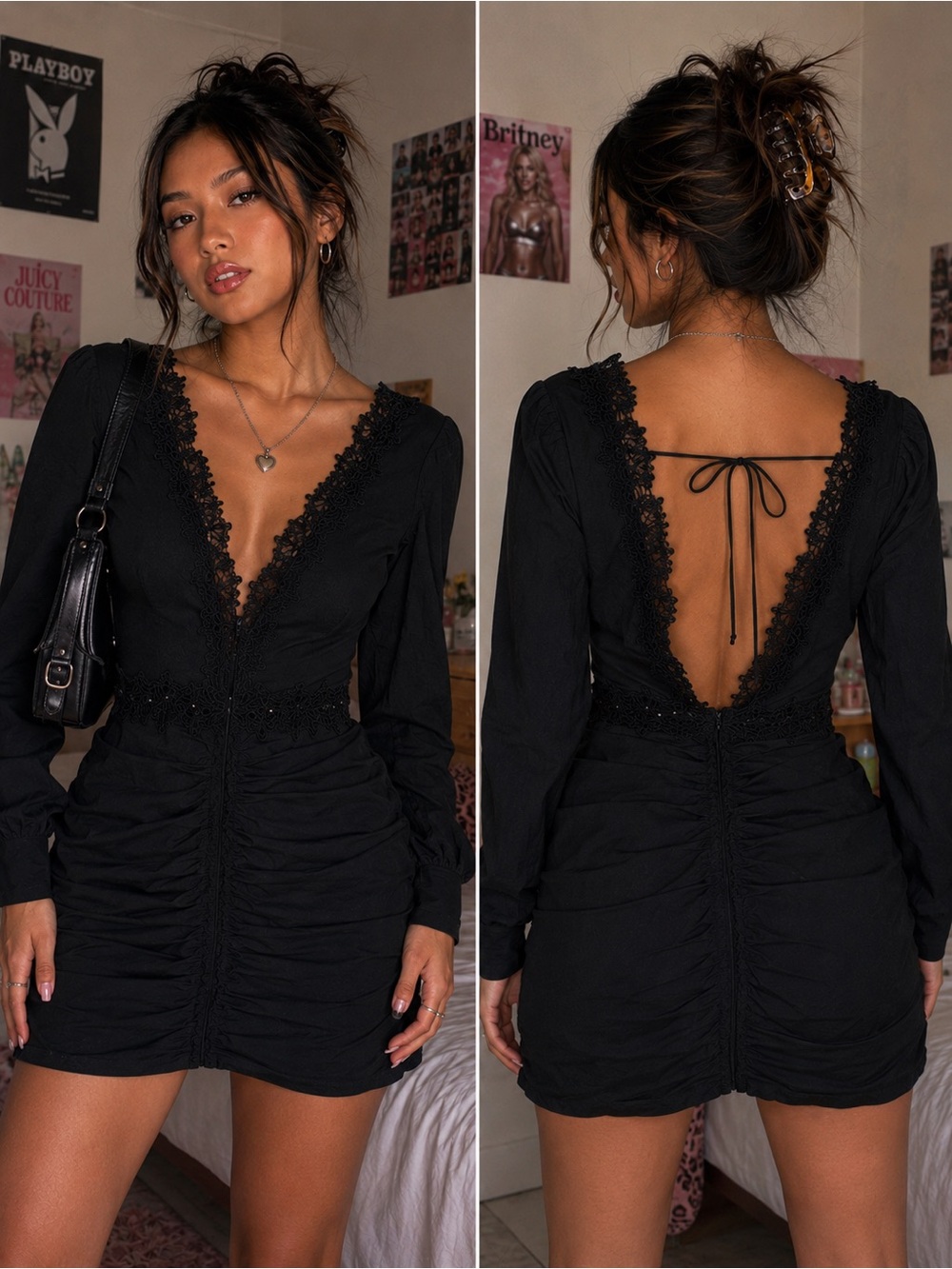 H&M Black Lace-Trim Backless Mini Dress